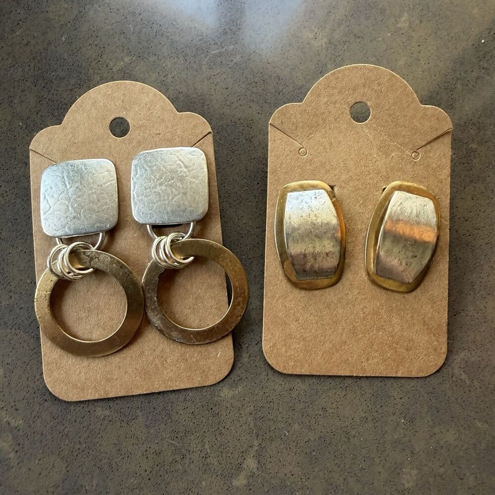 Marjorie Baer 2 pairs clip on earrings mixed metal artisan silver brass
